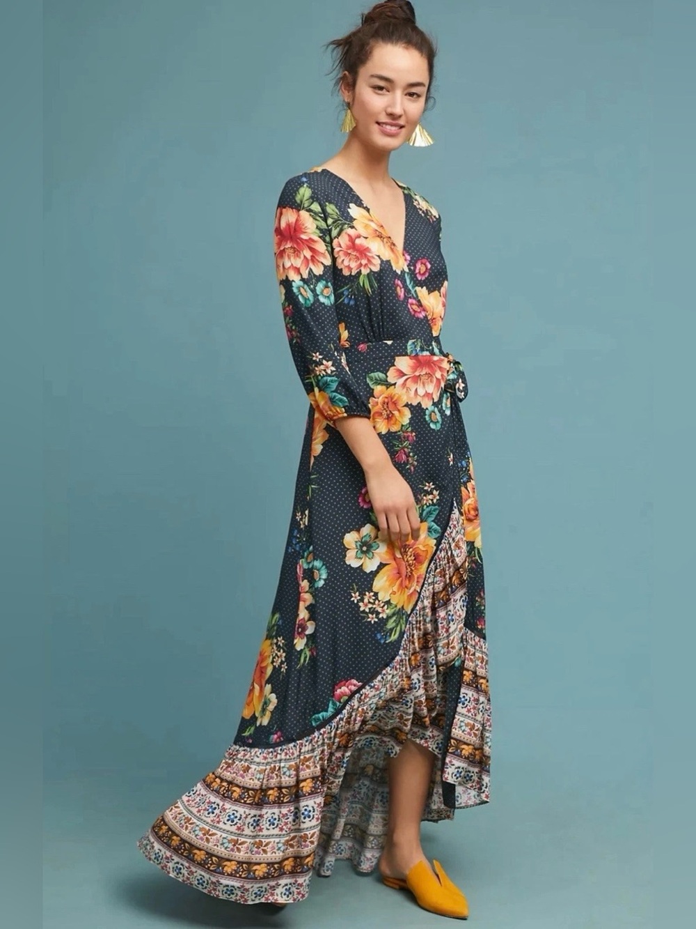 Farm Rio Anthropologie Floral Asymmetrical Wrap Dress